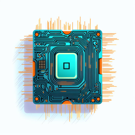 a circuit board featuring electrical lines is depicted on a white background. the design showcases a combination of light orange and azure colors, with elements of realism and surrealism. the overall aesthetic is enhanced by dark cyan and bronze tones, creating a streamlined and futuristic look. this single object is captured with back button focus, highlighting its intricate details. ai generatedの素材