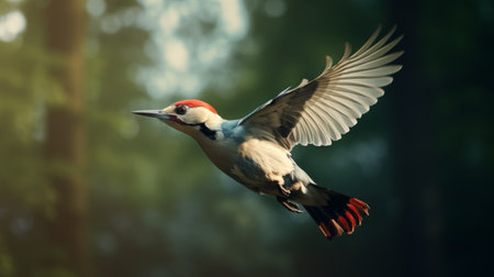 a bird flying gracefully in the style of vray tracing, showcasing light beige and red tones. the varied brushwork techniques create a realistic animal portrait, with a backdrop of dark green and light azure hues. captured using a manual focus lens, this image captures the graceful balance of the bird in flight. ai generatedの素材