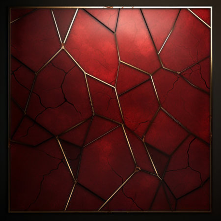 a 3d rendered background featuring a red glass and metal frame, reminiscent of the kintsugi style. the design showcases a beautiful combination of light gold and dark bronze, creating a stained glass effect. created by dusan djukaric, the artwork is enhanced with realistic chiaroscuro lighting, highlighting the cracked details on the large canvases. ai generatedの素材