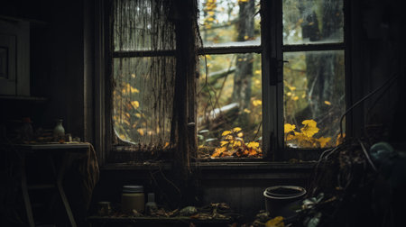 open window with autumn leaves and tree tops, captured in a dark and moody vignette. the intricate webs and found objects add a touch of rustic charm to the scene. shot with the carl zeiss distagon t 15mm f/2.8 ze lens, the dark yellow and dark gray tones create a captivating atmosphere. a glimpse into familiar domestic scenes. ai generatedの素材