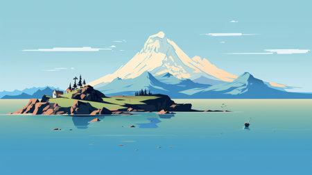 the "island" poster showcases a stunning dhaulagiri scene as its backdrop. with a captivating blend of light brown and dark azure, the poster's style is characterized by bold outlines and flat colors. the digitally enhanced image captures the essence of eastern europe landscapes, while incorporating elements of rough 2d animation. billie eilish fans will appreciate this unique and visually striking artwork. ai generatedの素材