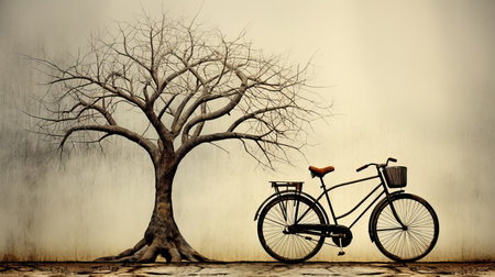 a small black and white wooden bicycle, reminiscent of martin stranka's style, is peacefully parked under a tree. this uhd image captures the essence of romanticism with its earth tones and influences from ancient chinese art. the symmetrical composition and balanced elements evoke a sense of romantic emotion. ai generatedの素材