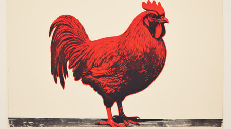 a red rooster from the collection of red star yashufa, featuring bold graphic design elements and a calotype-inspired hyperrealistic rendering. this criterion collection piece captures the essence of rural america with its light red and light black color palette and woodcut-inspired graphics. ai generatedの素材