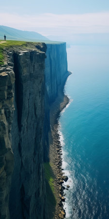 the cliffs of jkupa torfason in norway are captured in this photo, showcasing their majestic beauty. the image is presented in a unique style, with dark aquamarine and white tones. tilt-shift lenses were used to create a distinctive effect, while high horizon lines add depth to the composition. the terrain resembles that of northern china, and forced perspective enhances the visual impact. this 32k uhdの素材