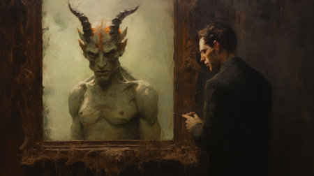 a man captivated by the close-up intensity of a large painting adorned with imaginative creatures, reminiscent of the styles of paul hedley, nick alm, and dmitri danish. the artwork, featuring demons and goblin academia, mirrors a world of fantastical creations that mesmerize the viewer. ai generatedの素材