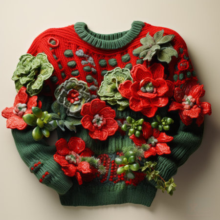 a christmas sweater adorned with a vibrant bouquet of wildflowers, holly, and evergreens. this unique piece showcases sculpted impressionism, bold textures, and handcrafted objects. with a touch of childlike innocence and charm, the sweater features a captivating blend of green and crimson hues. a site-specific art creation, it boasts photorealistic details that add to its visual appeal. ai generatedの素材