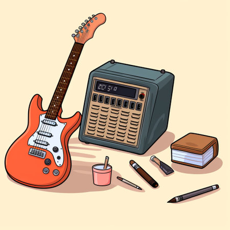 red guitar on a vibrant yellow background, accompanied by a guitar amplifier, microphone, and tape recorder. the illustration is done in a charming pen and ink style, featuring light pink and dark blue accents. the study place is adorned with colorful still lifes, showcasing a delightful mix of gray and brown tones. the isometric perspective adds depth to the composition. ai generatedの素材