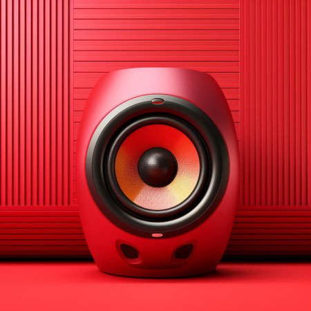 a speaker stands in front of a vibrant red background, showcasing hyper-realistic details and bold character designs. this visually striking image, inspired by the style of vray and the works of john wilhelm, features luxurious textures and a techno-organic fusion. the large-scale composition and colorful elements create a captivating and immersive experience. ai generatedの素材