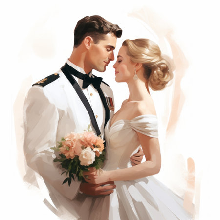 a couple in uniform shares a passionate kiss on the lips in this digital painting. the marine painter's style is evident in the classic portraiture, with light white and light navy colors creating an elegantly formal atmosphere. the hand-painted details add depth to this american scene painting. ai generatedの素材