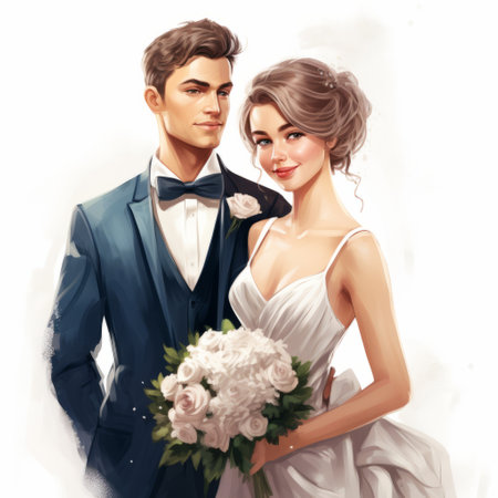 a vector illustration of a bride and groom, sarah and zach, is depicted in the style of realistic impressionism. the artwork showcases a detailed rendering with elements reminiscent of chinese painting and realistic oil paintings. the illustration captures a realistic hyper-detail, creating a visually stunning portrayal of the couple. the scene exudes an urban fairy tale ambiance, adding to the overall charm of the artwork.の素材