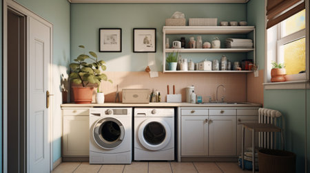 a small laundry room featuring a washing machine and sink, designed with atmospheric color washes. this kitchen still life, rendered in maya, showcases a combination of light teal and light orange tones. the realistic still lifes are enhanced by dramatic lighting, resulting in an uhd image with earthy tones. ai generatedの素材