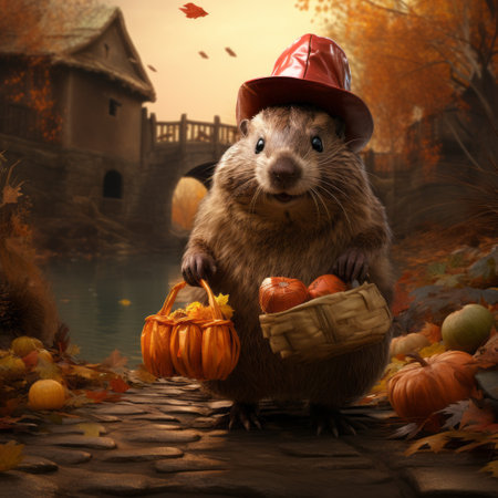 an animated mouse, inspired by the styles of jessica drossin, caras ionut, duckcore, bill gekas, and vibrant street scenes, holds a basket filled with pumpkins. this hyperrealistic landscape captures the explosive wildlife and showcases a unique blend of colors. ai generatedの素材