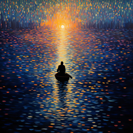 a colorful sunset casts vibrant shadows that illuminate the water, reminiscent of dark chiaroscuro figurative paintings. the scene exudes a zen-like tranquility, resembling a mosaic-like pointillism artwork. the acrylic art captures the patience of a saint, while the pixel-art adds a touch of vibrant color. this romantic illustration is a visual feast for the eyes. ai generatedの素材