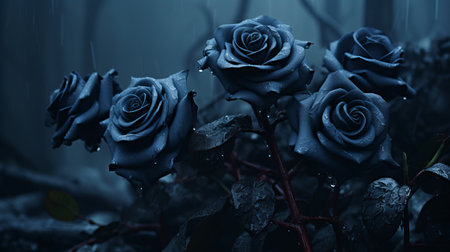 dark roses wallpaper featuring a captivating blend of dark indigo and dark gray. created by thomas wrede, this gothic pop surrealism artwork showcases a realistic hyper-detailed rendering. the moody atmosphere and wet-on-wet blending technique, by caras ionut, add depth and intrigue to this stunning piece. download this hd wallpaper for free and immerse yourself in its mesmerizing beauty. ai generatedの素材