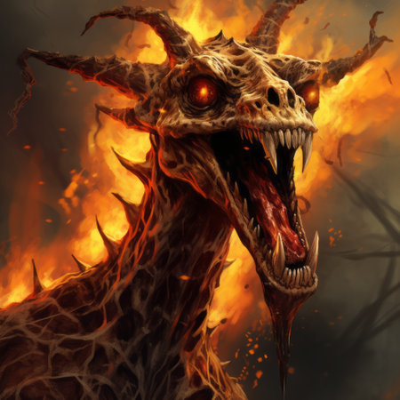 a horrifying fantasy art illustration inspired by dungeons & dragons, featuring a monstrous giraffe with a nightmarish demon arachnid head. this grotesque creature possesses infernal markings, demonic features, and a contorted, human-like head capable of spitting corrosive acid. its eyes gleam with malevolence, while its sinister grin reveals venomous fangs. from its twisted maw, it spews deadly acid. ai generatedの素材