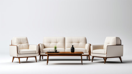 a white living room featuring an ottoman on a white background, showcasing the american mid-century design style. the room incorporates wood elements and exhibits detailed craftsmanship. with a touch of minimalistic japanese influence, the space creates lively tableaus. the color palette leans towards beige, while the emphasis is placed on intricate details. ai generatedの素材