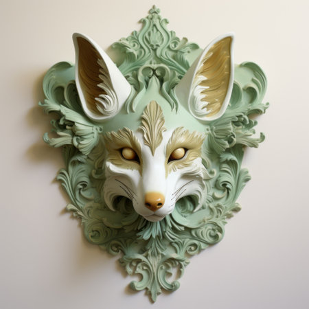 a stunning fox head sculpture is showcased in this photo, featuring intricate details and a captivating blend of light green and bronze colors. inspired by the artistic styles of maria kreyn and david nordahl, this piece combines elements of ambient occlusion and colorful woodcarvings. it also incorporates recycled materials, reminiscent of the unique mural creations by sebastian errazuriz. ai generatedの素材