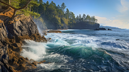 a stunning seascape photo captures the karst formations on the rocky shore of hestiasula head in the philippines. the archipelago's natural beauty is highlighted by the presence of pine trees near the science house in northern finland. the image showcases the rough sea with big waves crashing on the rocks, creating an amazing and dynamic scene. shot with a canon eos r5 f1.2 lens atの素材