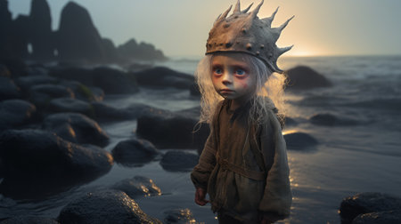 a young gnome girl stands in dark water on a misty seashore, surrounded by sea foam-coated sand. this fine art photograph captures the scene with sharp detail and a fine grain aesthetic. shot with a kodak 200t film, the image showcases global illumination and uplighting, using a 16-35mm lens at f1.8 aperture. ai generatedの素材
