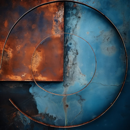 metal art retaining parts with rust and rusting, featuring abstract minimalistic compositions in the style of dark sky-blue and dark azure. the artwork showcases spirals and curves, juxtaposing hard and soft lines. rim light adds depth, while texture exploration and trompe l'oeil techniques create captivating compositions. ai generatedの素材