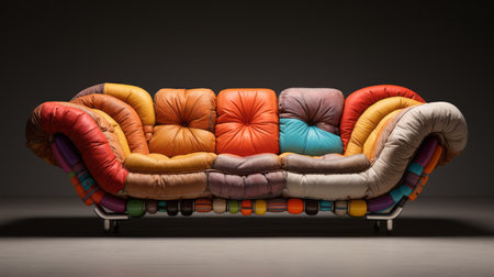 an orange sofa by bill daniels, featuring colorful layered forms and recycled material murals. the sofa showcases soft and rounded forms in dark, foreboding colors, embodying a retro-style with a touch of colorful absurdism. ai generatedの素材
