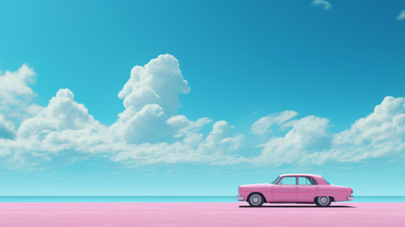a car parked on a sandy beach with a backdrop of blue clouds and a clear blue sky. the photo showcases a unique blend of dark pink and light pink hues, creating a simplistic and monochromatic color palette. the composition exudes a colorful kitsch vibe, reminiscent of the rococo pastel style. this 8k 3d photo by thomas wrede captures a photo-realistic scene. ai generatedの素材