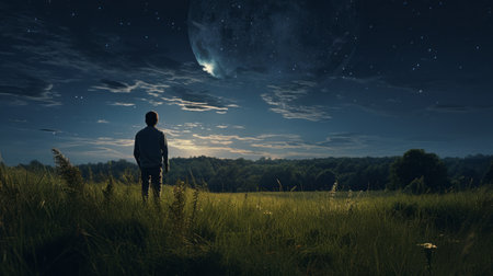 a man stands on a field under a big moon, surrounded by a dreamlike landscape with soft edges. this photo captures the serene and calm atmosphere of a cinematic set, reminiscent of the style of realistic landscapes. the stars art group xing xing's influence is evident in the tonalism and photo-realistic depiction of the scene. ai generatedの素材