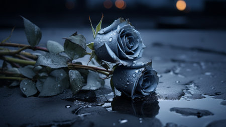 two blue roses adorned with raindrops rest delicately on a dark field, creating a captivating contrast between the light sky-blue petals and the dark silver and gray surroundings. this night photograph captures a hauntingly beautiful narrative, reminiscent of romantic depictions of historical events. the reflections add an ethereal touch to this mesmerizing poetcore composition. ai generatedの素材