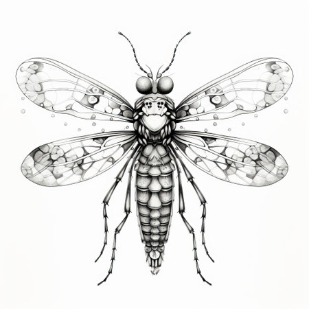 a black and white drawing of a black winged insect, reminiscent of detailed science fiction illustrations. the surrealistic elements and undefined anatomy give it an eerie and realistic appearance. the intricate line and dot work add depth to this chilling creature, making it reminiscent of classic tattoo motifs. ai generatedの素材