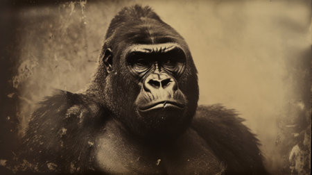 a gorilla, captured in the style of tintype photography, gazes directly at the camera with a strikingly grotesque expression. the image showcases vignetting and is presented in large canvas sizes, reminiscent of the grandiose portraits by thomas c. kinkaid. this photograph captures the artistry of the ivory coast and the gorilla's dignified pose. ai generatedの素材