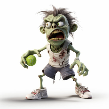 a spooky halloween-themed cartoon of a zombie tennis ball created using the photobashing technique. the artwork showcases grotesque caricatures and a realistic portrayal, reminiscent of goblin academia. this unique image, resembling an associated press photo, features a sparse background, adding to its eerie atmosphere. ai generatedの素材
