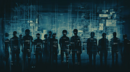 the photo showcases a highly detailed and realistic x-ray of four dark figures standing back to back in a dirty pool. with a glowing neon flare and a touch of prussian blue, the image captures the essence of desperation. the barcode-like vector lines add a 90's alternative vibe, reminiscent of polaroid film and the shoegaze era. ai generatedの素材