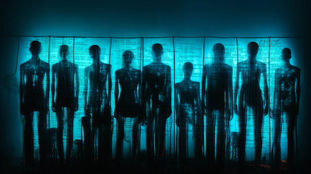 the photo is a highly detailed and realistic 4k image of four dark figures standing back to back in a dirty pool. the image has a desperate and eerie vibe, with a glowing neon flare and a tongue sticking out. the barcode and x-ray elements add a touch of mystery and intrigue. this photo captures the essence of 90's alternative shoegaze with a polaroid filmの素材