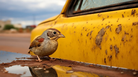 a quail perches on the side mirror of a weathered 1972 ford amidst a stormy desert landscape. the rain pours down as eerie lightning illuminates the scene, casting a distorted reflection of a hooded face in the mirror. the muted colors of the desert create a greyish hue, while vibrant yellow and orange lightning bolts add a striking contrast to the early evening sky. aiの素材