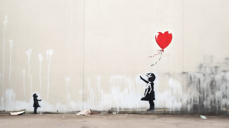 a girl holds an expensive red balloon in the style of stencil graffiti, showcasing unpolished authenticity and elements of street art. the image captures the essence of the barbizon school and banksy's work, emphasizing feelings over reality. with a blend of humor and heart, this photo merges various artistic influences into a captivating visual composition. ai generatedの素材
