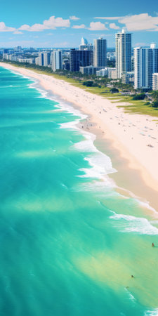 aerial view of miami beach showcasing its stunning green water and unique black sands. this c4d photograph is rendered in ultra detail, providing a photorealistic and modern perspective. the simplicity and minimalism of the scene create a higher coherence, while the hyper realistic details and insane level of clarity make it truly captivating. captured with a phase one xf iq4 camera and a 200 megaの素材