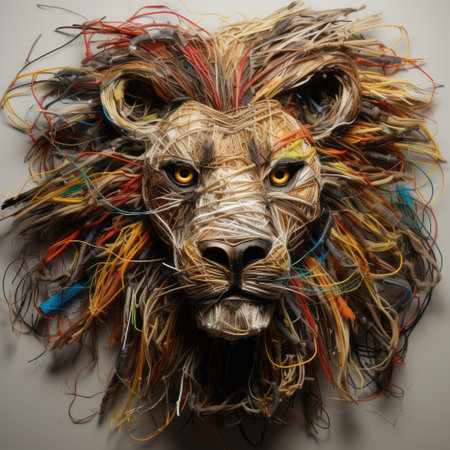a lion sculpture made of colored wires, featuring a head, in the style of expressive and textured portraiture. this meticulous and photorealistic still life showcases the vibrant colors of woodcarvings and textile installations. the precisionist approach captures the symmetrical chaos of the lion's features, enhanced by the use of tilt-shift lenses. ai generatedの素材