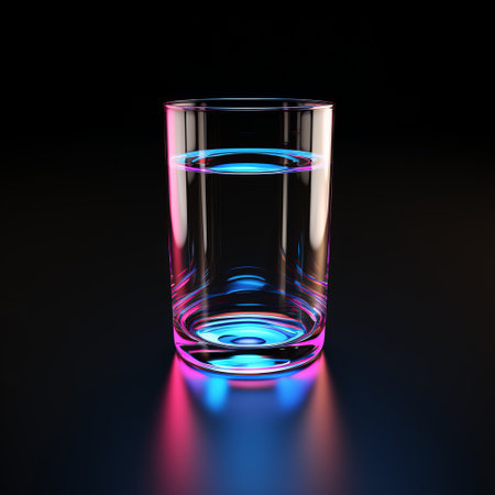 a glass of water illuminated by vibrant neon and fluorescent lights, creating a mesmerizing glow in the dark. this 8k 3d illustration features a background with a captivating blend of light indigo and pink hues. the use of fujifilm eterna vivid 500t and vray tracing techniques enhances the visual appeal, while the rim light adds a touch of light azure and orange tones. ai generatedの素材
