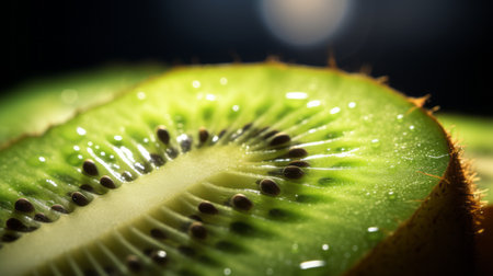 a close-up shot of a kiwi slice showcasing the intricate details and vibrant colors. this photo, captured using vray tracing and pinhole photography techniques, features high contrast lighting that enhances the texture. the wet-on-wet blending adds a unique artistic touch. winner of a contest, this image is a testament to innovative techniques and the use of a lightbox. ai generatedの素材