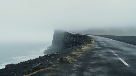 cloudy road in iceland, captured with the zeiss milvus 25mm f/1.4 ze lens. this atmospheric photograph showcases the dreamy and romantic compositions of the foggy road, surrounded by sculptural landscapes and the vast ocean. with its rough edges and soft, romantic scenes, this 8k resolution image transports you to a mesmerizing world of ethereal beauty. ai generatedの素材