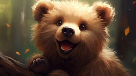 a close-up, high-definition digital art depiction of a cute brown bear standing in a forest. this colorful caricature, created in the style of artgerm and dmitri danish, showcases the bear's adorable features. the artwork by tooth wu captures the bear's essence with vibrant colors and intricate details. ai generatedの素材