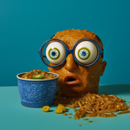 a food-filled head, placed on a table in front of a bowl, showcases a humorous and photorealistic composition. the dark yellow and azure tones add depth to this object portraiture specialist's work. with a touch of grit and grain, this eye-catching image is achieved through focus stacking techniques. ai generatedの素材