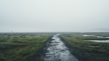 a stunning photograph capturing a wetland in iceland, featuring a small black asphalt path cutting through the landscape. the path stretches towards the invisible horizon, enveloped in a thick white fog. shot with a 35mm lens, this 4k raw image showcases the serene beauty of this natural wonder. ai generatedの素材