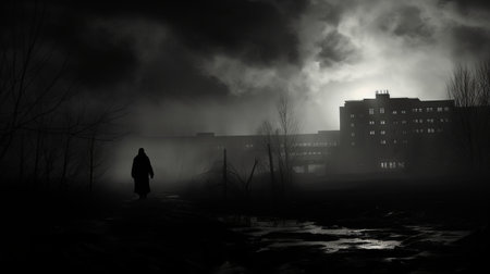 a vintage-style black-and-white photo captures the eerie atmosphere of a hospital engulfed by the ominous shadow of the black death. the haunting silhouette of a grim reaper looms in the background, while a ghostly mist adds to the chilling ambiance. ai generatedの素材