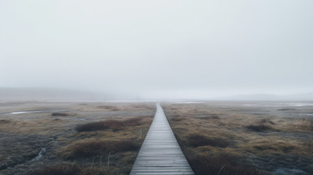 a wooden boardwalk stretches into a foggy landscape, capturing the essence of post-minimalism. the muted color palette and 8k resolution enhance the unsettling emptiness of the scene. this installation-based photograph evokes a cold and detached atmosphere, characteristic of the post-minimalist style. ai generatedの素材