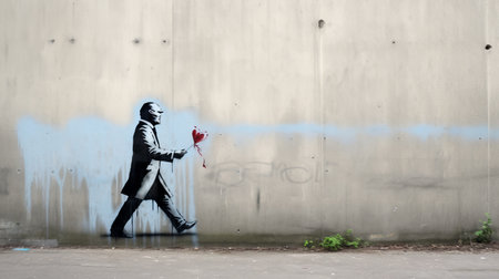 a man walks with a red rose on his face, showcasing a trompe-l'oeil graffiti style. the silver and red colors create a striking contrast, while the sparse and simple silhouette figures add a street-savvy touch. this iconic image is both poignant and visually captivating. ai generatedの素材