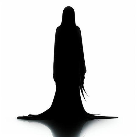 a woman in a long, flowing gown and black hat stands against a white background. the image captures the haunting shadows and cut-out silhouette style reminiscent of necronomicon illustrations. with a touch of minimalistic japanese influence, the poured, low-resolution effect adds an intriguing element to this captivating photo. ai generatedの素材