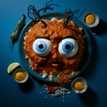 a conceptual portrait of an odd-looking dish covered with chicken eyes, inspired by indian pop culture. this photographically detailed portrait, rendered in unreal engine, showcases vibrant orange and azure colors. it exudes a lunarpunk vibe and resembles editorial illustrations. ai generatedの素材