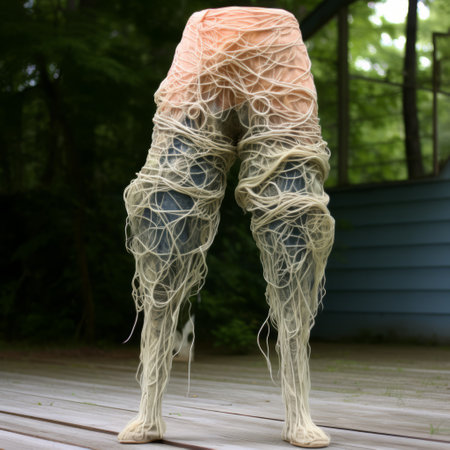 a large figure covered in wool, wrapped in yarn, resembling microscopic views. this hyperreal creation is made of vines, with a color palette of light orange and dark gray. intricately crafted with wire, it showcases nature-inspired body-painting. ai generatedの素材