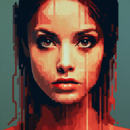 a pixel art depiction of a girl with striking eyes and teeth, inspired by the redscale film style. this artwork by aleksi briclot showcases bold and expressive portraits, reminiscent of the work of michael malm. the color palette features a combination of light maroon and dark cyan, creating a modular and realistic representation of the figure. ai generatedの素材